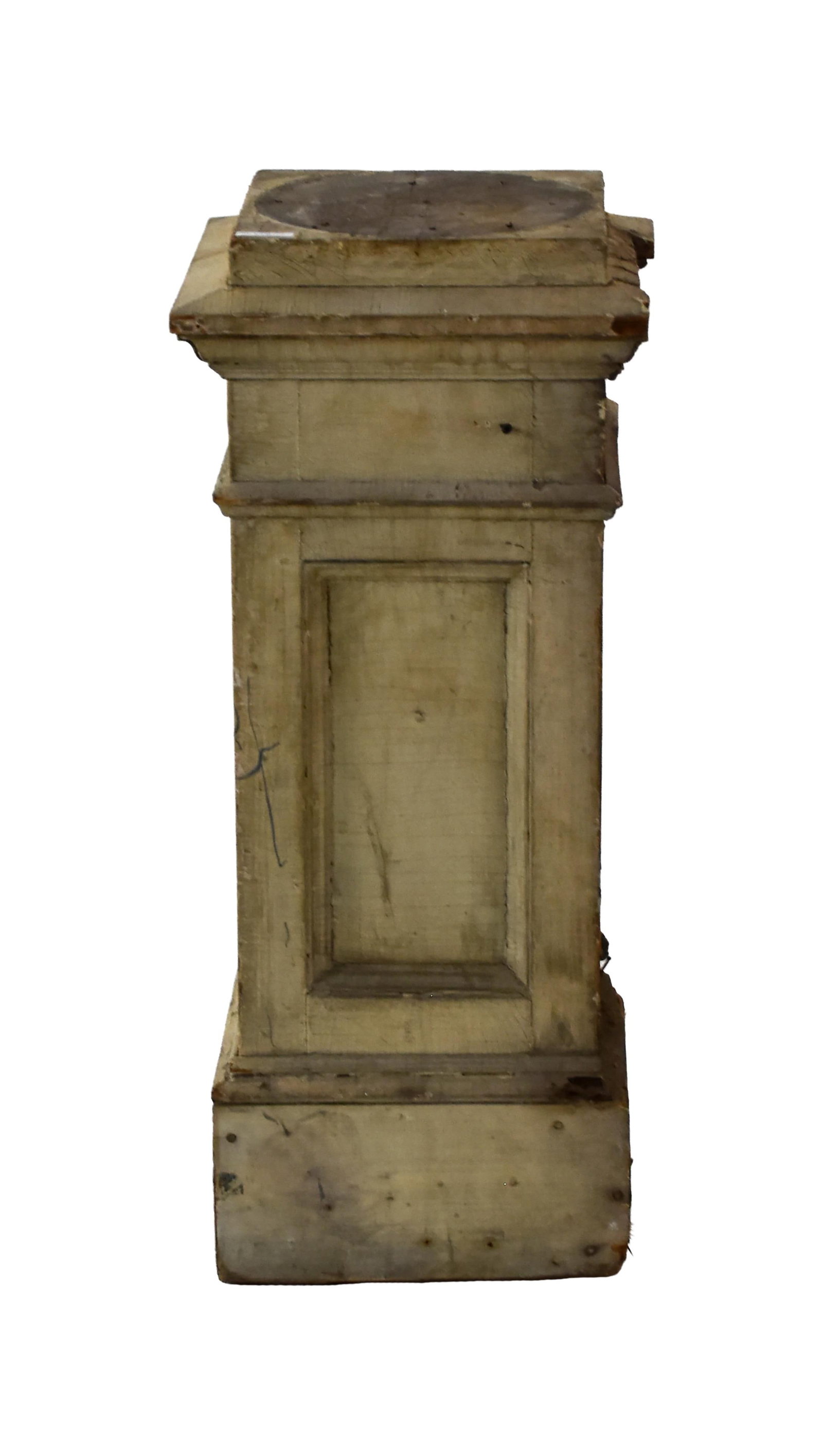 Architectural Style Pedestal: 19th C. Painted pine. 35" high x 15" square at base. Provenance: Estate of Alfred J. Walker, legendary art dealer and collector. Founder of Walker-Cunningham Fine Art.Distressed finish. Shows loss to
