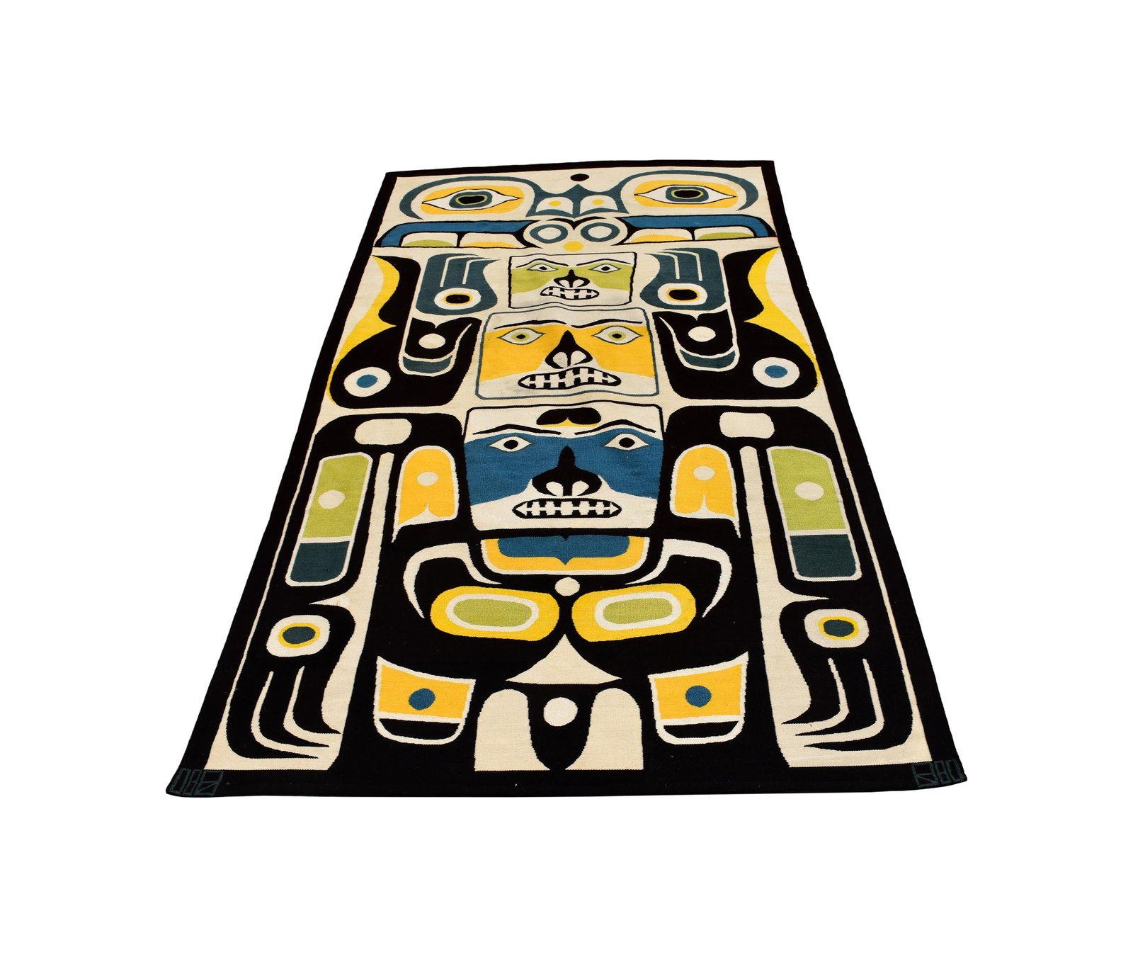 Tlingit Design Rug: 20th C. Northwest Coast. Totem design with ravens, bears and whales. 9' 2" x 5' 6 1/2". Provenance: Estate of Alfred J. Walker, legendary art dealer and collector. Founder of Walker-Cunningham Fine