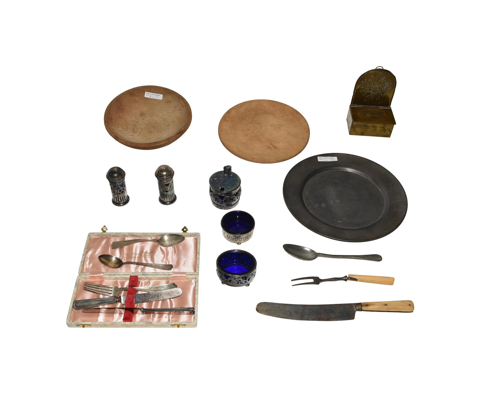 (18) Piece Lot of Miscellaneous Items: To include: (A) Two sterling forks. (B) Two sterling spoons. (C) Two sterling silver-handled knives. (D) Sterling salt with cobalt liner. (E) Four matching Sheffield plated table articles including