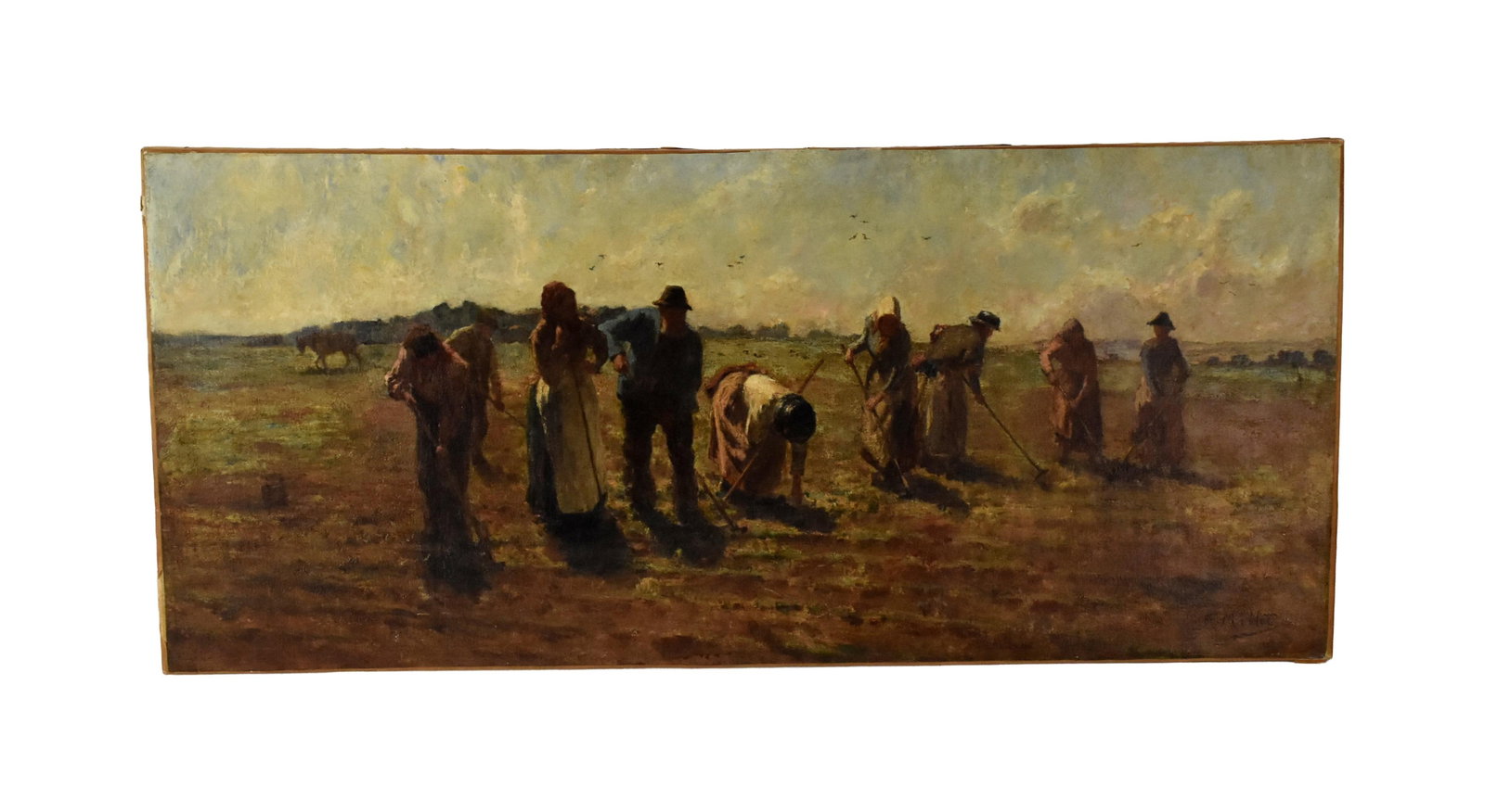F. Millet Painting: (French, 1786-1859). Oil on canvas. Barbizon style. Signed F. Millet lower right. Depicts gleaners in a field. Sight size: 16" high x 36" wide. Unframed.It has been mounted on a new canvas and