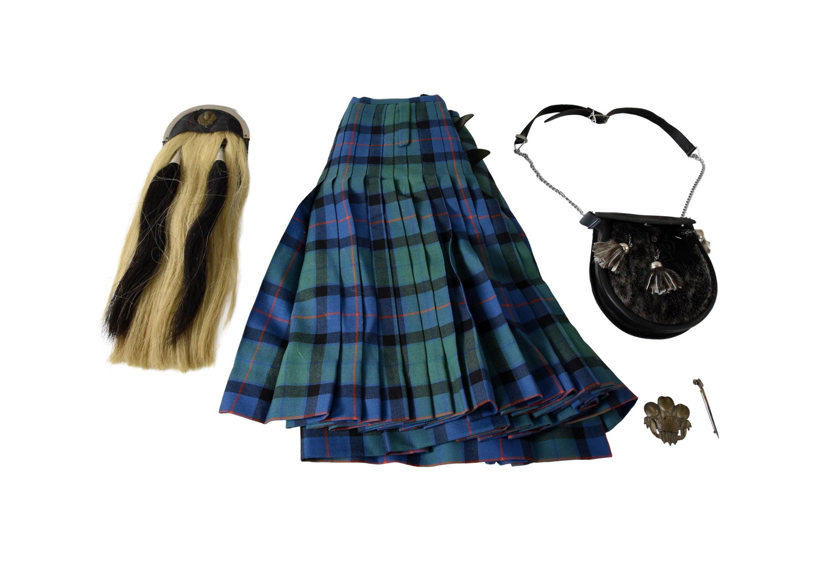Scottish Kilt Plus Accessories: 19th/20th C. To include: (A) Kilt. Tartan is possibly Campbell clan. 62" wide x 23" high. (B) Leather horse hair sporran. Embossed thistle. 20" long. (C) Contemporary fur sporran with belt. 8" long.