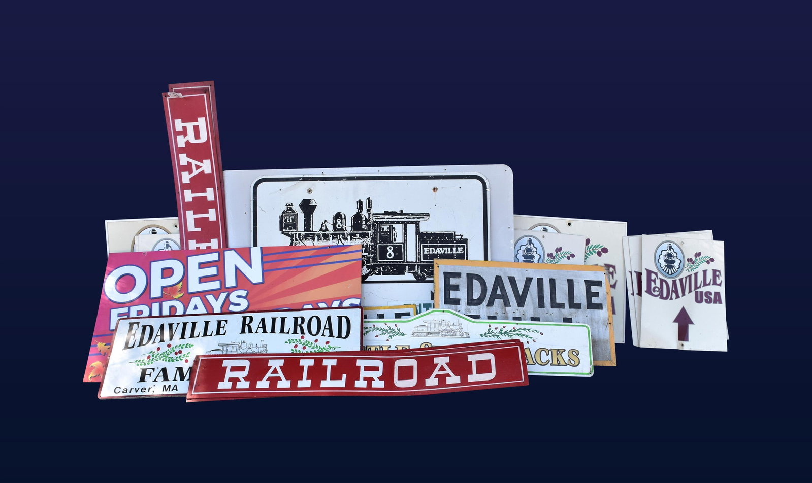 Lot of (24) Edaville Railroad Signs: All signs say Edaville Railroad. Ranging in size from 9 1/2" - 37" high x 18" - 60" wide.Condition consistent with age and use. IMPORTANT- Please note: all items are sold as is, where is, with all
