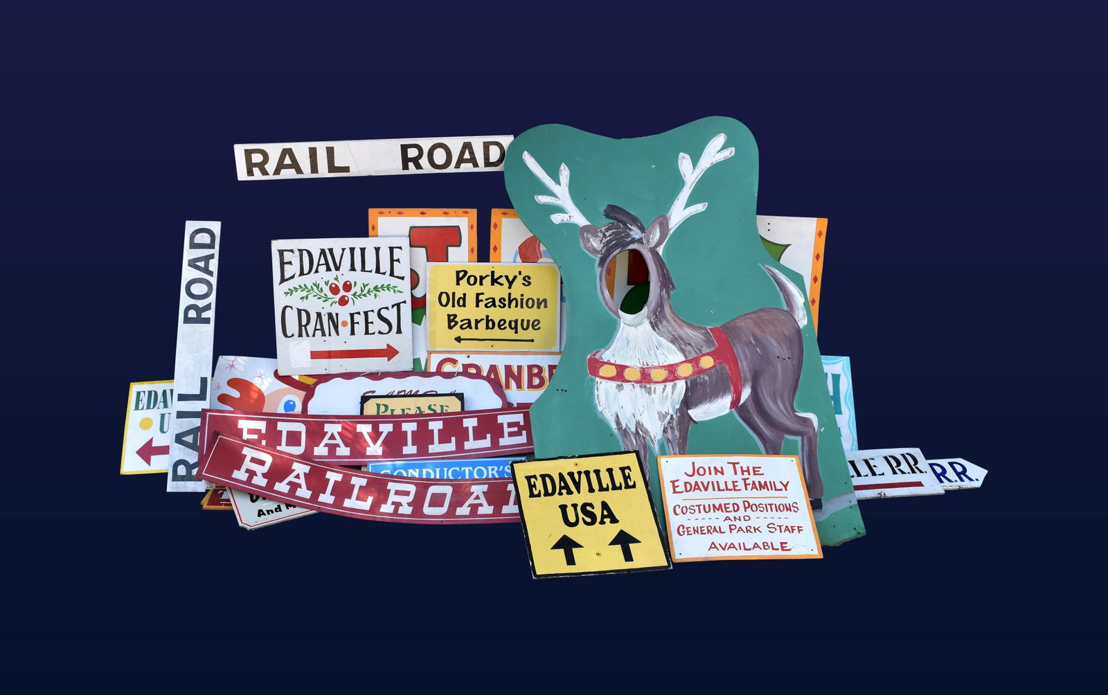 Lot of (28) Edaville Railroad Signs: Featuring Christmas, cranberry festival, food etc. Ranging in size from 24" - 78 3/4" high x 24" - 60" wide.Condition consistent with age and use. IMPORTANT- Please note: all items are sold as is,