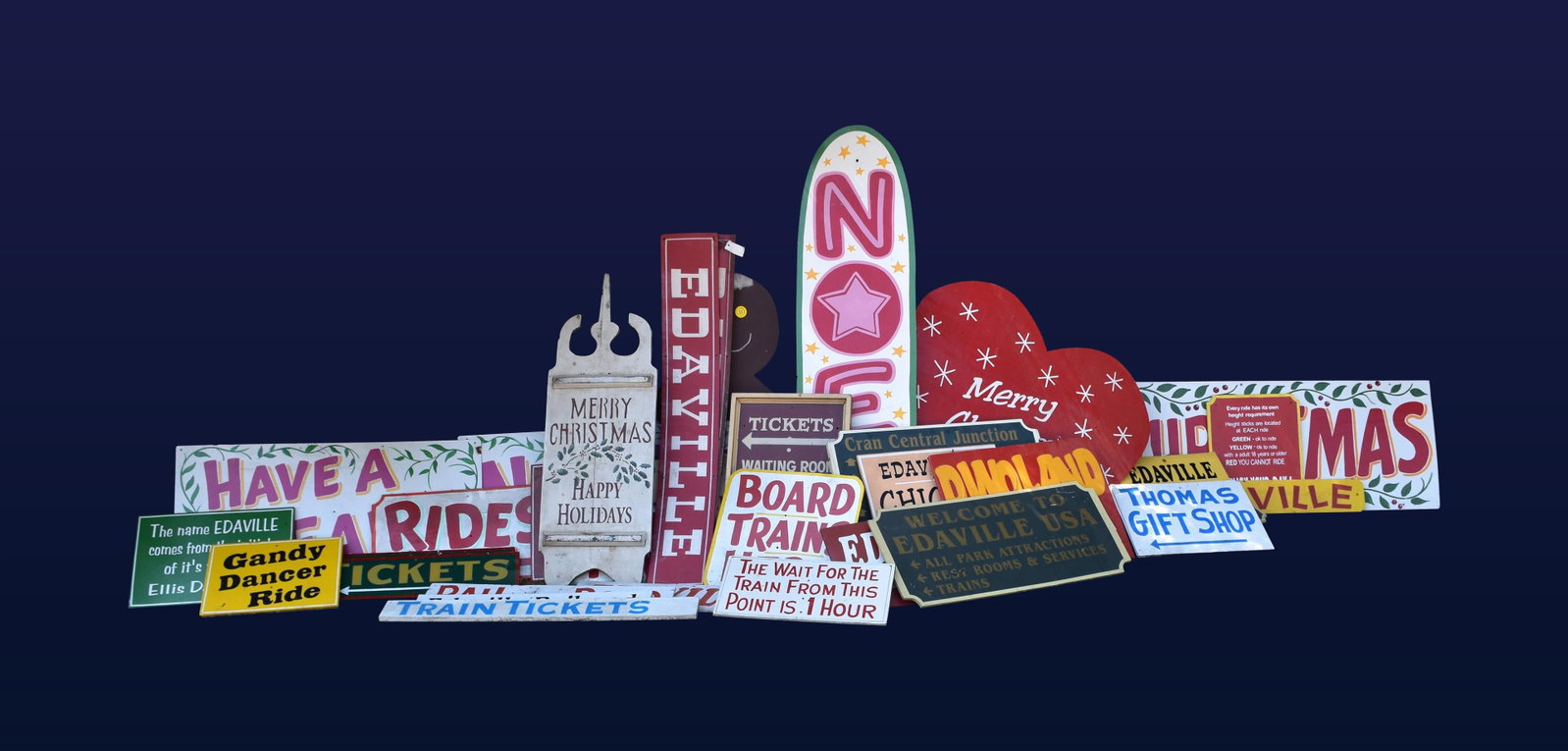Lot of (32) Edaville Railroad Signs: Featuring trains, Christmas, Dino Land, gift shop, tickets, etc. Ranging in size from 4 1/2" - 70" high x 20" - 62" wide.Condition consistent with age and use. IMPORTANT- Please note: all items are