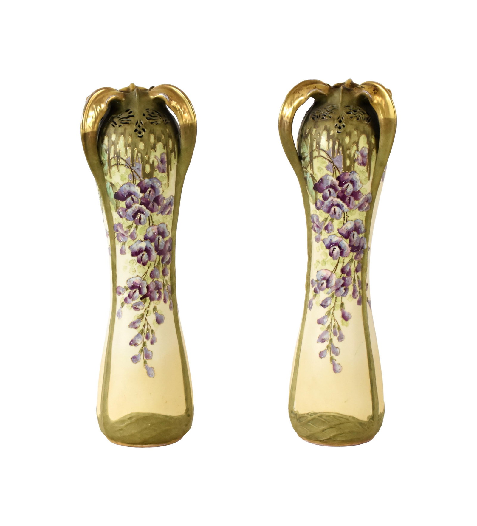 Pair of Teplitz Bohemian Vases: Ca. 1895. Floral design. R.S.&K. mark. 16" high x 5" wide.