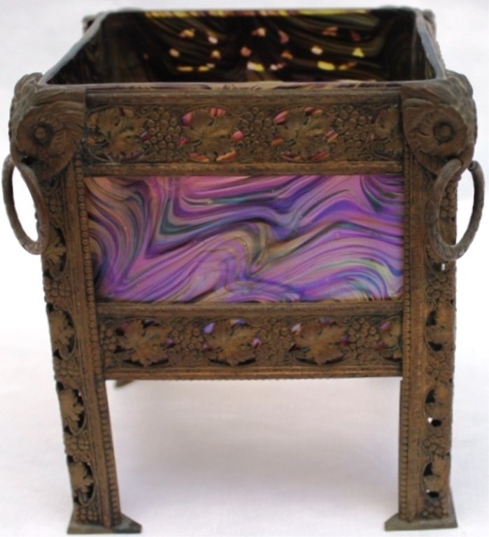 AUSTRIAN ART GLASS BRONZE MOUNTED BOWL, IRIDESCENT: GLASS INSERT, OWL HEAD AND FLORAL DESIGN, CA 1900, 7" H, 6" X 6."