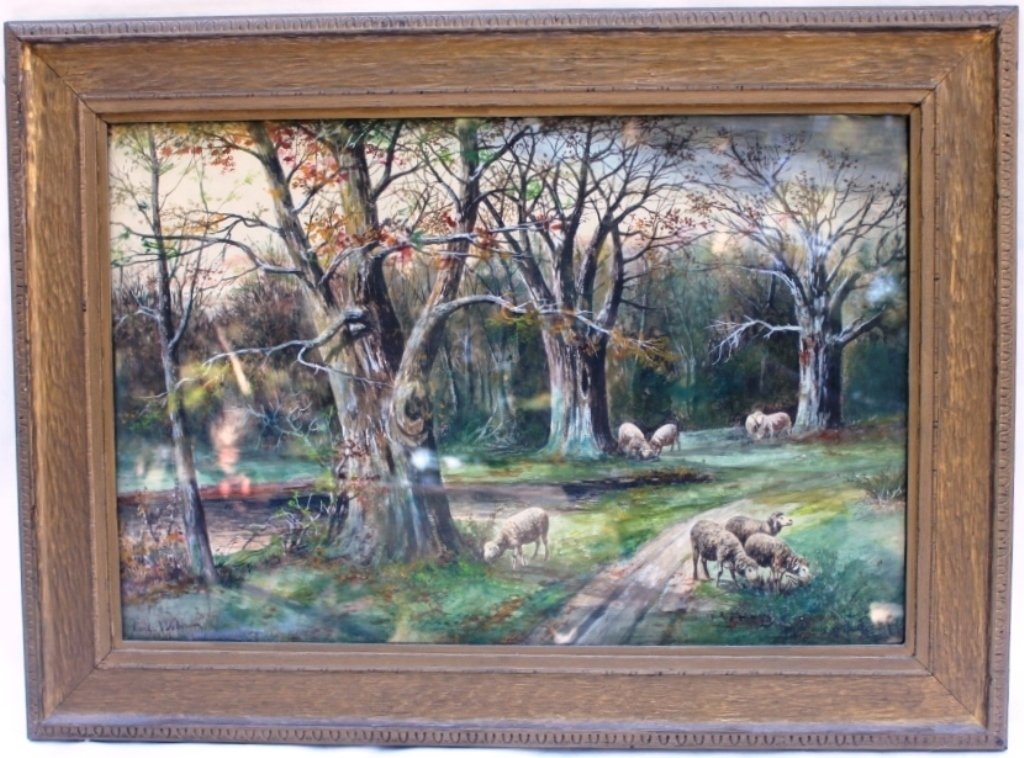 CARL WEBER WATERCOLOR, DEPICTING SHEEP: ON COUNTRY ROAD IN AUTUMN, 15 3/4" X 23 1/2."