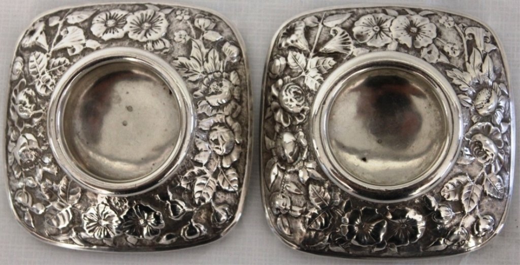 PAIR GORHAM STERLING SILVER FOOTED SALTS: WITH REPOUSSE TRIM, 3/4" HIGH, 3" X 3," 2.8 OZT.