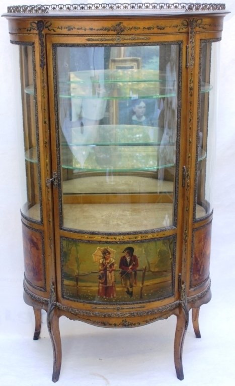 EARLY 20TH C FRENCH CURIO CABINET, HAND PAINTED: PANELS, BEVELED GLASS SHELVES, SOME TRIM LOSS, 53 1/2"K HIGH, 30 1/2" WIDE, 15 1/4" DEEP.