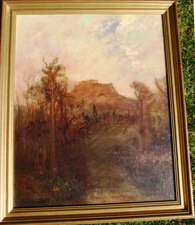 OIL ON CANVAS BY EDWARD GAY (1837-1928), GREECE: SCENE OF THE ACROPOLIS, GOOD CONDITION, RELINED, 27" X 22", IN MODERN GOLD FRAME, FROM THE GEORGE DECAS COLLECTION