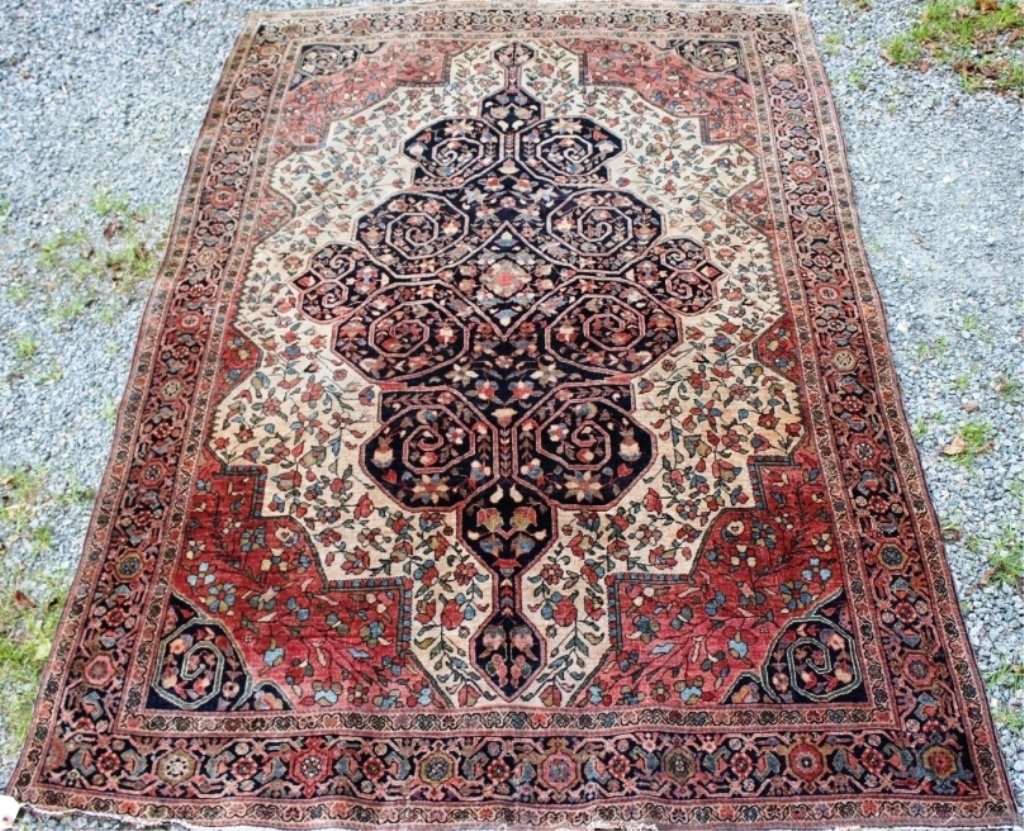 PERSIAN SCATTER RUG POSSIBLY SAROUK CA 1900: SLIGHT WEAR INTO BORDER, EVEN WEAR THROUGHOUT, 4'2" X 6'7."