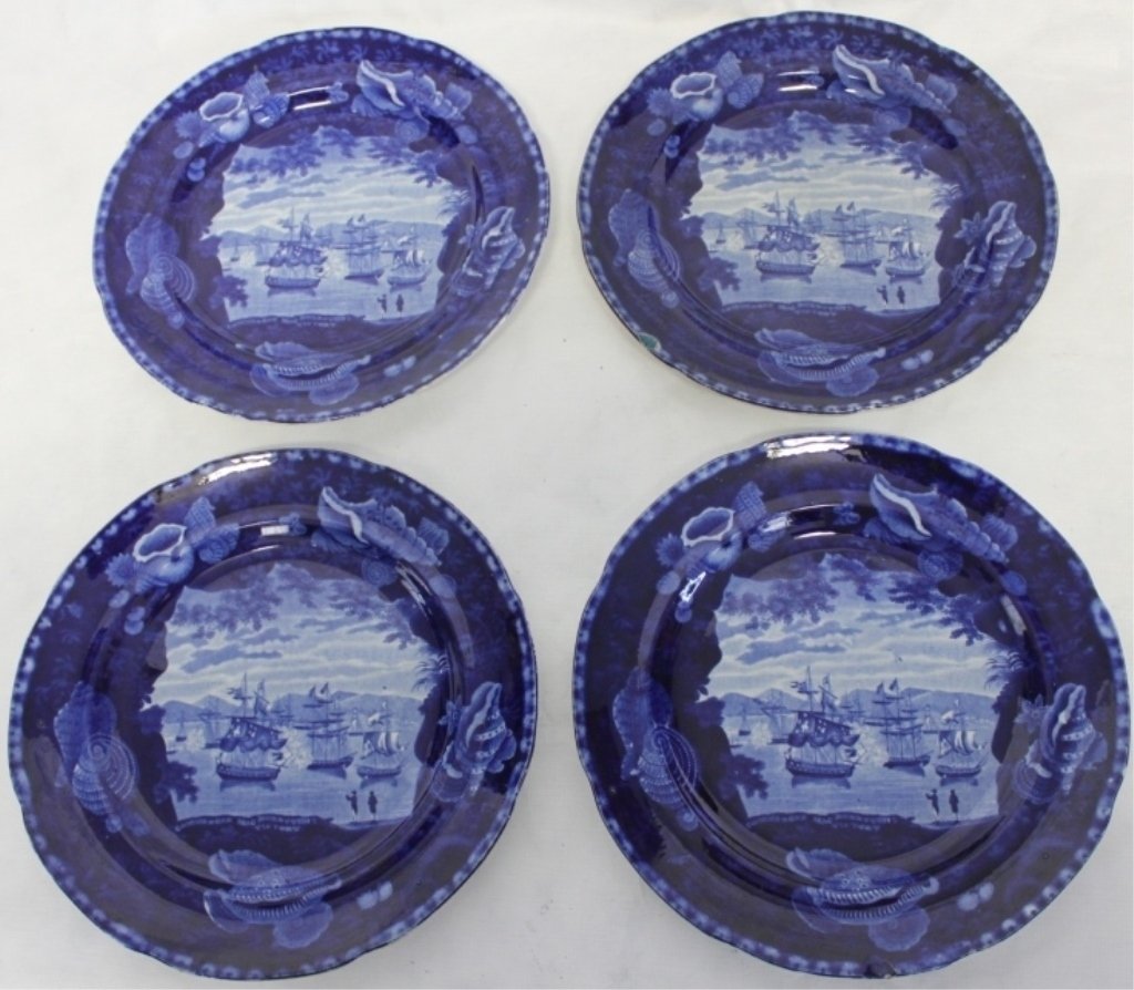 FOUR E. WOODS & SONS HISTORICAL BLUE PLATES: LATE 19TH C, 10 1/4" DIAMETER, "COMMODORE MC DONNOUGH VICTORY", ONE PLATE HAS A CHIP AND CRACK, SHELL BORDER.