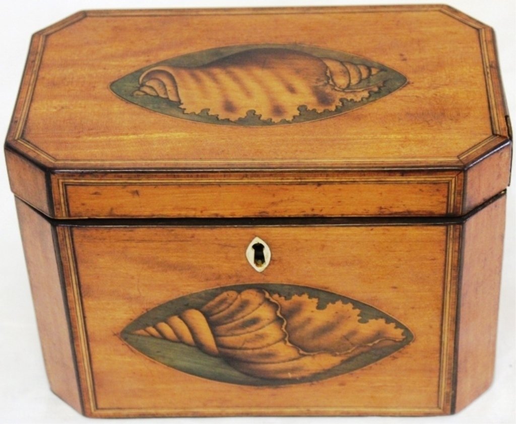 INLAID TEA CADDY, EARLY 19TH C, SATINWOOD, IVORY: ESCUTCHEON, ELONGATED OCTAGONAL TOP, 5" HIGH, 7 1/4" LONG, 4 1/4" DEEP.