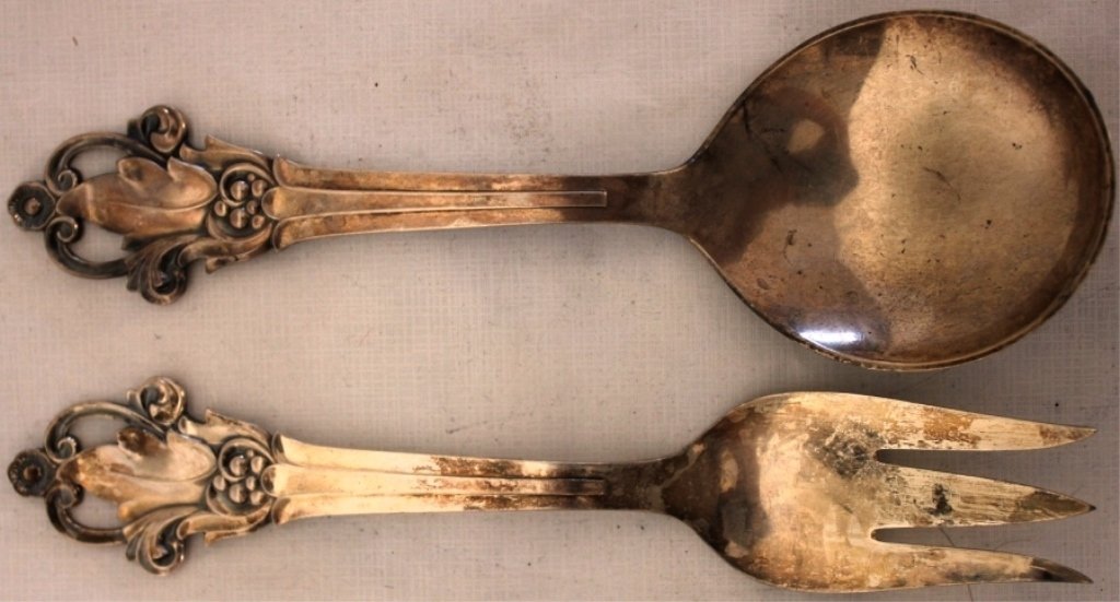DANISH STERLING SALAD SET BY COHR, CA 1920,: IN JENSEN STYLE, LEAF AND FLOWER DESIGN ON CREST, 9" LONG, 7.3 OZT.