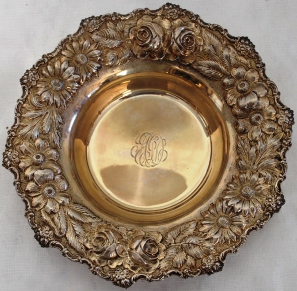 STIEFF STERLING SILVER BOWL WITH REPOUSSE BORDER,: MONOGRAM IN CENTER, 8 3/4" DIAMETER, 9.69 OZT.