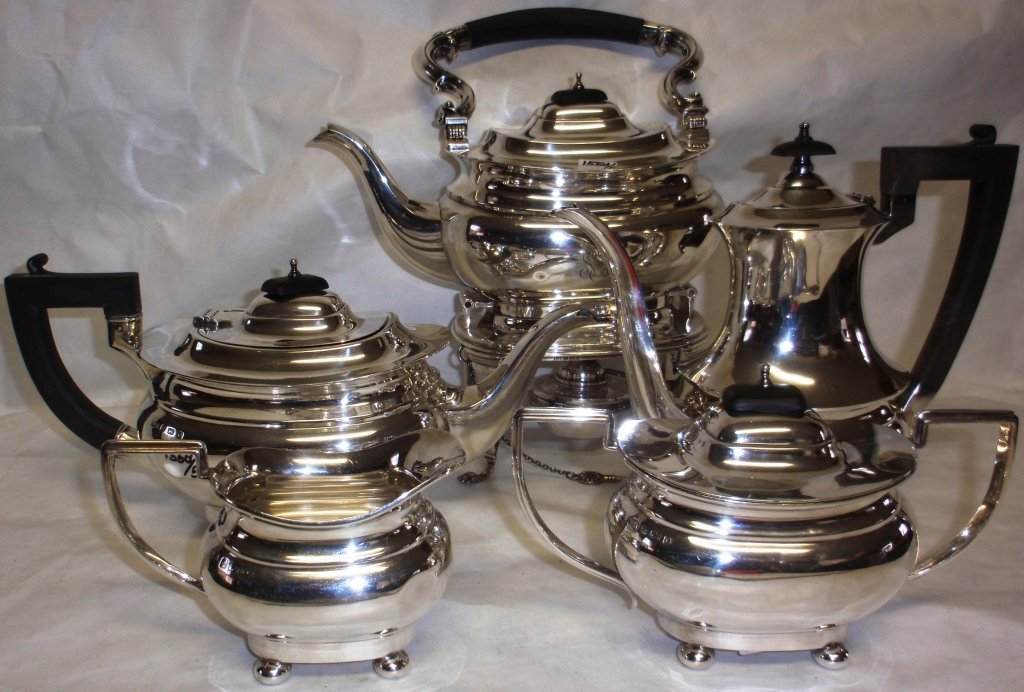 ENGLISH STERLING SILVER COFFEE & TEA SERVICE,: 5 PIECES CONSISTING OF KETTLE ON STAND, COFFEE POT, TEA POT, SUGAR BOWL AND CREAMER, C 1865, BIRMINGHAM MAKER'S MARK "WA" AND #1070, 123 TROY OZ INCLUDING WOODEN HANDLES AND FINIALS, ALL MONOGRAMMED, 