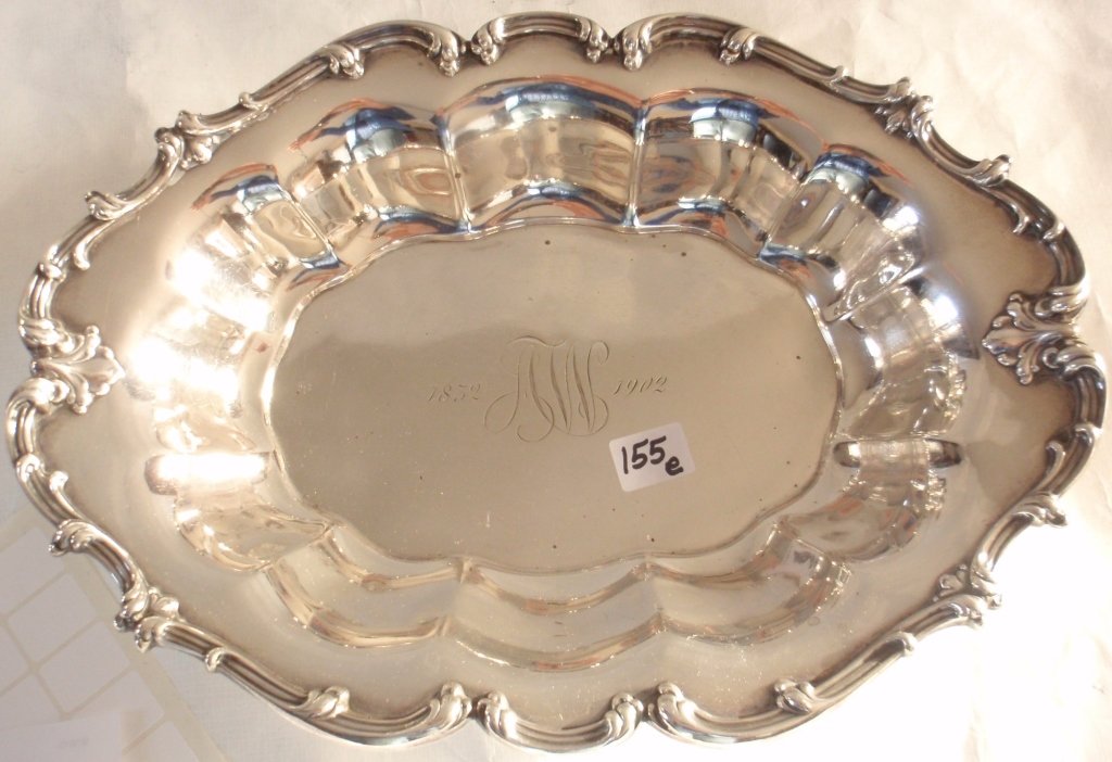 STERLING SILVER BOWL BY WHITING, 11 1/4" BY 8",: 2" HIGH, MARKED #1713, MONOGRAMMED AND DATED, 12.6 TROY OZ.