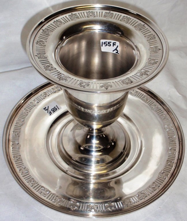 STERLING SILVER FOOTED VASE & UNDER PLATE: BY MATTHEWS CO, RETAILER MERMOD JACCARD & KING CO, #288 13.6 TROY OZ, VASE IS 6" HIGH, PLATE 9" DIAMETER, GOOD CONDITION.