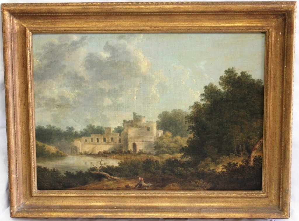 19TH C OIL ON BOARD, LANDSCAPE WITH CASTLE,: POSSIBLY ENGLAND OR IRELAND, RESTORED AND LAID DOWN ON BOARD, SIGNED ILLEGIBLY, IN MODERN GOLD FRAME, 16 1/2" X 24."