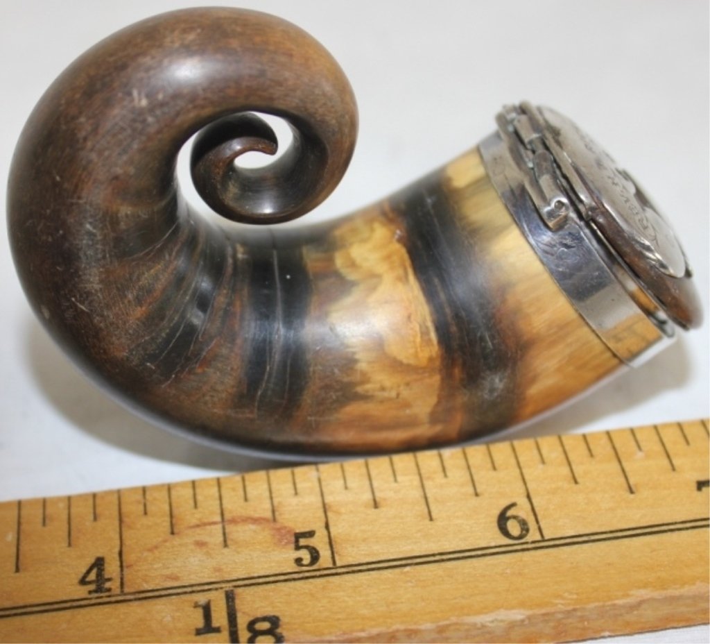 SCOTTISH SNUFF MULL, 19TH C, ENGRAVED: REV. H. H. RICHARDS, AUGUST 17, 1878 ON SILVER TOP, HINGE IS BENT OTHERWISE EXCELLENT CONDITION, 2 1/2" HIGH, 3 1/2" WIDE.