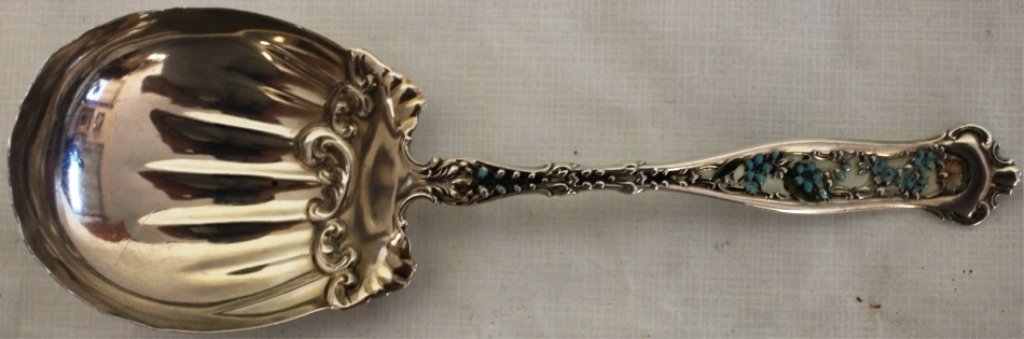 STERLING SILVER SERVING SPOON, WHITING WITH: ENAMEL DECORATION ON HANDLE, 7 1/2" LONG, 1.86 OZT.