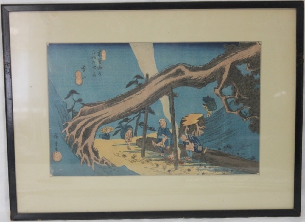 JAPANESE WOODBLOCK PRINT POSSIBLY BY HIROSHIGE,: MOTYAMA 33 KISOKAIDA WRITTEN ON BACK, SIGHT SIZE 8 1/2 X 13 1/2, MINOR LOSS TO CORNERS.
