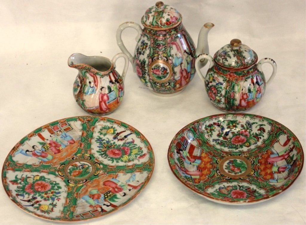 FIVE PIECES OF ROSE MEDALLION PORCELAIN,: LATE 19TH C INCLUDING 9 1/2" PLATE WITH RIM CHIP, 8 1/4" BOWL, 7" TEAPOT, 4 3/4" CREAMER, 5" COVERED SUGAR BOWL.