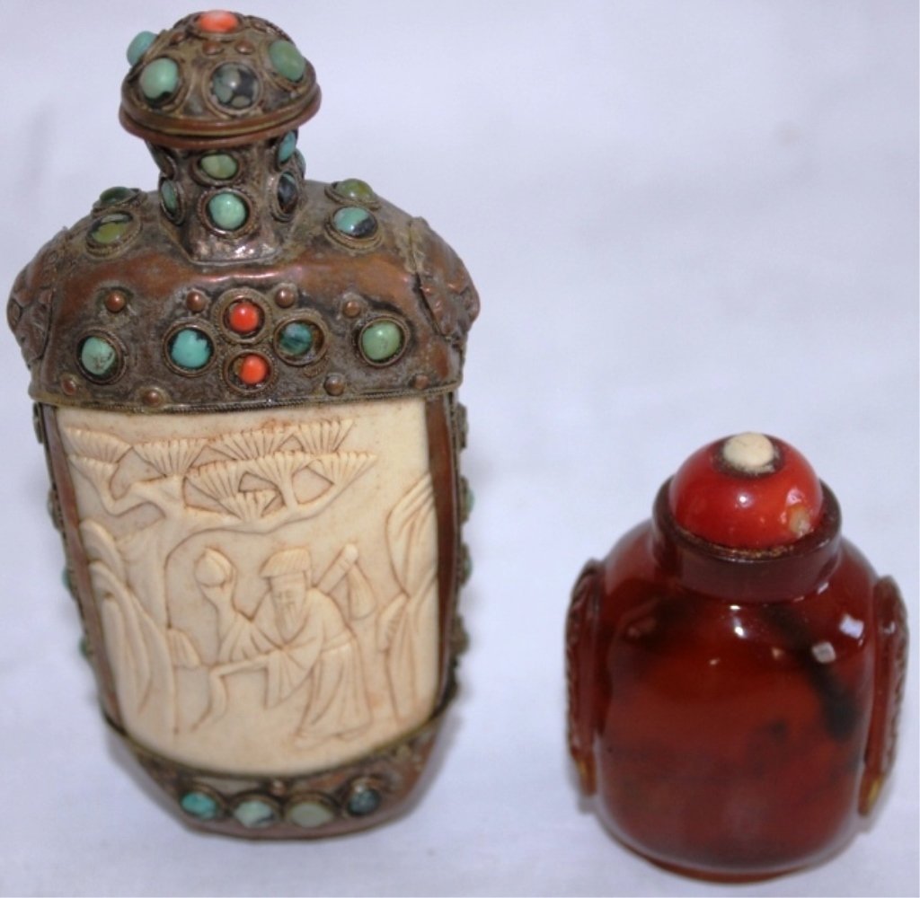 TWO SNUFF BOTTLES TO INCLUDE ONE WITH: IVORY PANEL AND TURQUOISE AND CORAL STONES AND THE OTHER HARDSTONE WITH CARVINGS, 2 1/2" X 4 1/2" IN HEIGHT.