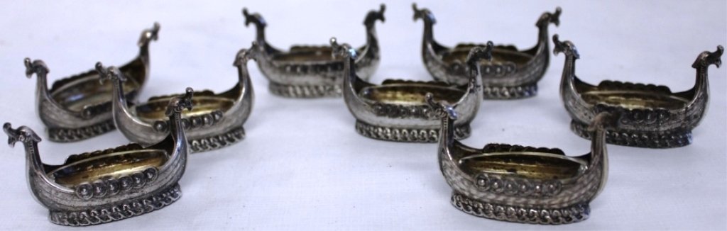 EIGHT CONTINENTAL SILVER SALTS IN THE FORM OF A: VIKING SHIP, 1 3/8" HIGH, 2 1/8" LONG, MARKED 830, 3.2 OZT.