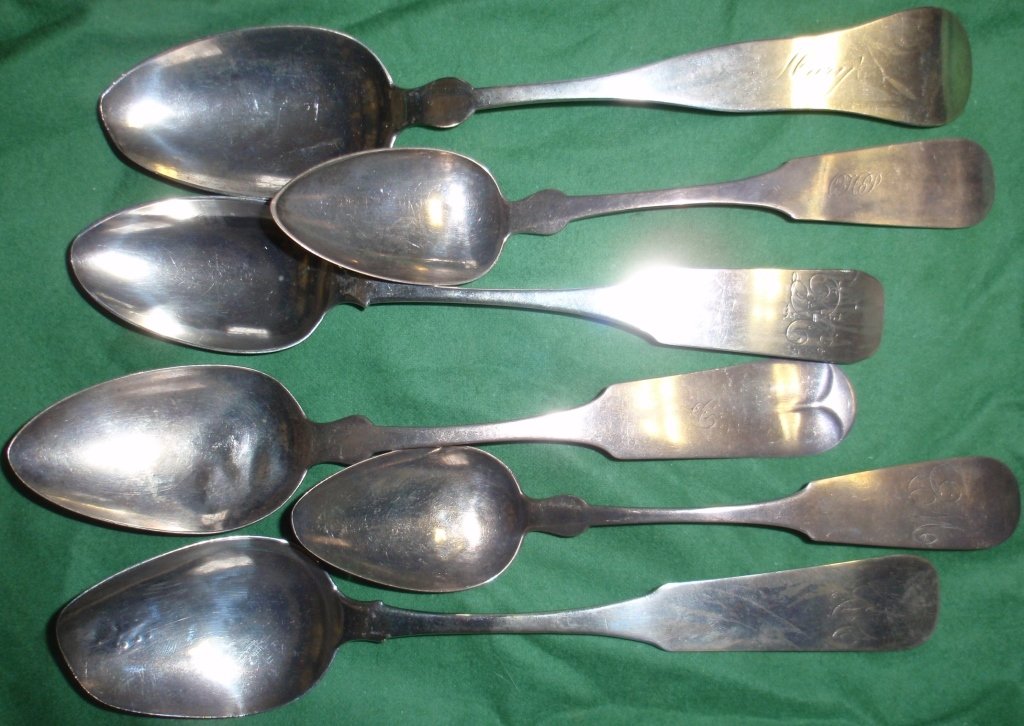 SIX COIN SILVER SPOONS BY PITMAN AND STUDLEY & CO.: WITH MONOGRAMS, 6.47 OZT, 7" - 8 1/2" LONG.