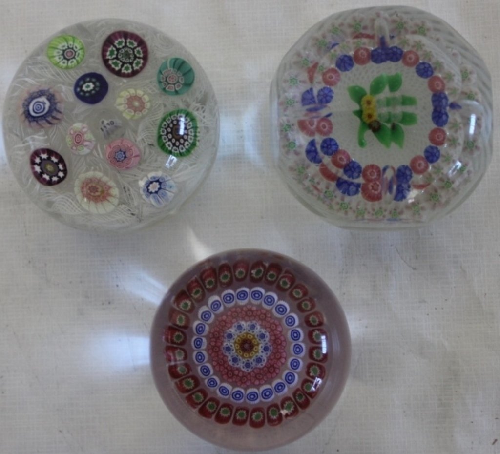 LOT OF THREE GLASS PAPERWEIGHTS TO INCLUDE: BACCARAT, PERTHSHIRE AND FACETED FRUIT WEIGHT POSSIBLY NEW ENGLAND GLASS CO., 2 1/2" TO 3" IN DIAMETER.