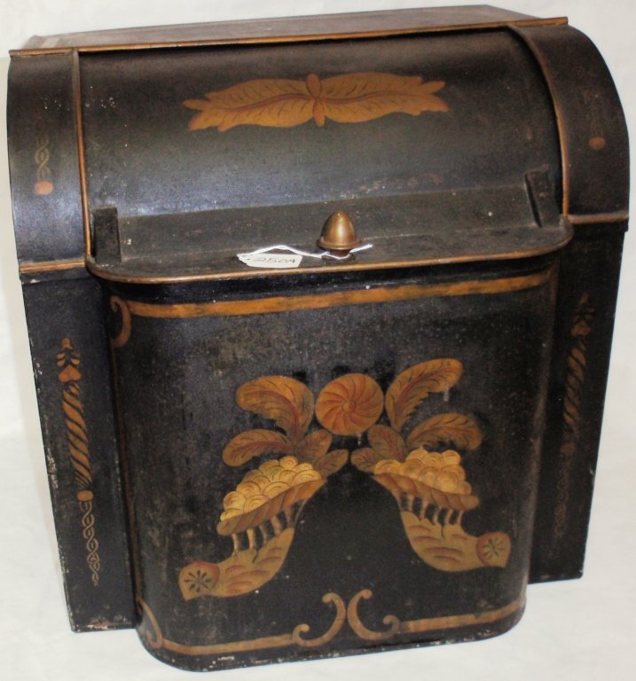 MID 19TH C PAINTED TOLEWARE TEA TIN, CORNUCOPIA: DESIGN, SOME WEAR TO PAINT ON SIDES, MINOR DENTS, 19 1/4" HIGH, 17" DEEP, 19" WIDE.