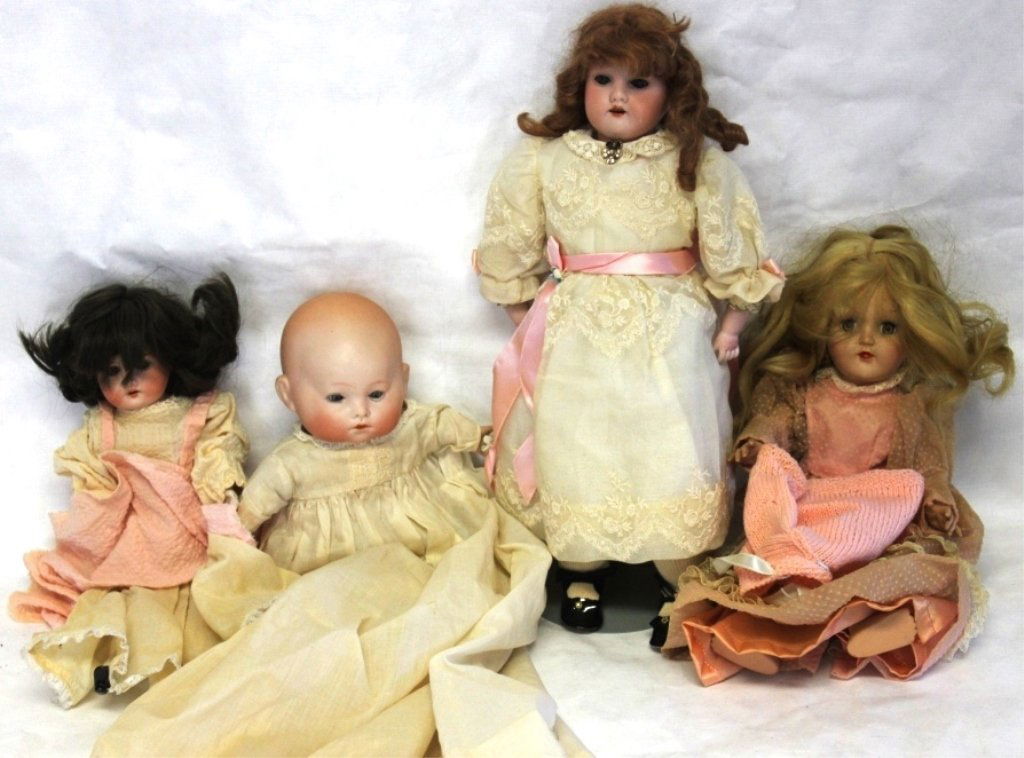 LOT OF FOUR ANTIQUE DOLLS INCLUDING 15": BISQUE HEAD ARMAND MARSEILLE CLOTH BODY NO. 370; 11" BISQUE HEAD BABY PHYLLIS DOLL CLOTH BODY; 13 1/2" BISQUE HEAD LILY DOLL CLOTH BODY; IDEAL 14: HARD PLASTIC DOLL.