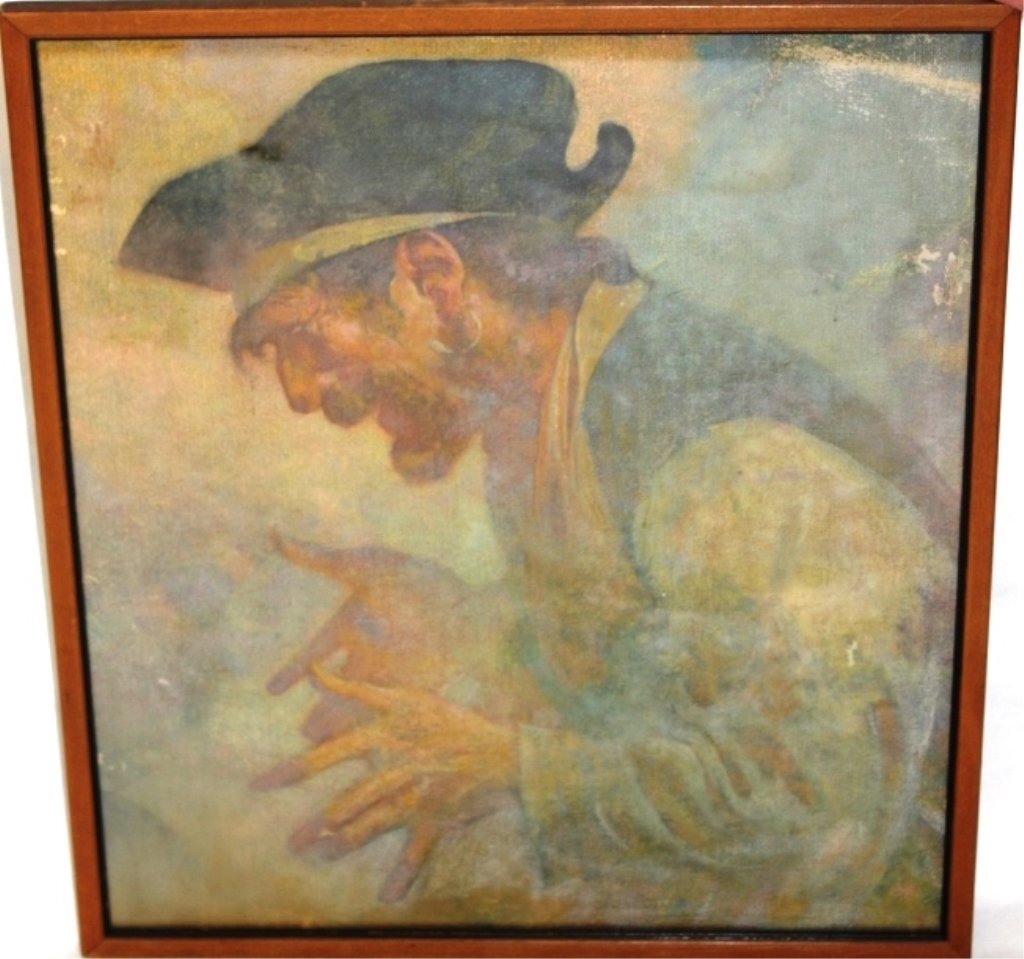 OIL ON CANVAS BY PHILIP LAYFORD, AMERICAN: ILLUSTRATOR, FRAMED AND GLAZED DEPICTING A PIRATE, PHILIP LAYFORD, BROAD STREET, BOSTON, MA INSCRIBED ON VERSO, 15 3/4" X 13 3/4."