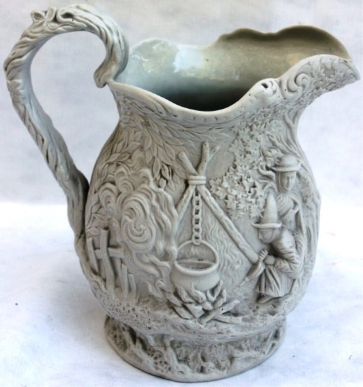 19TH C PARIAN PITCHER WITH UNUSUAL GYPSY: SCENE BY EDWARD WALLEY COBRIDGE, ENGLAND DATED 1842, 9 3/4" HIGH.