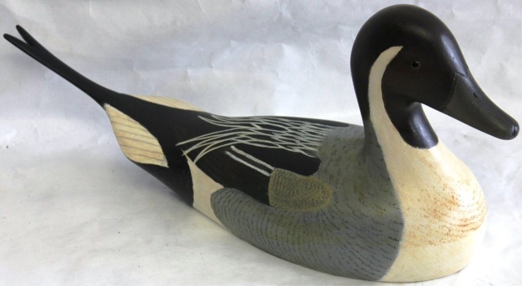 WOODEN DUCK DECOY, PINTAIL DRAKE BY MATTAPOISETT: MAKER, HOLGER SMITH, NICE ORIGINAL CONDITION, 19" LONG, STAMPED ON BOTTOM.