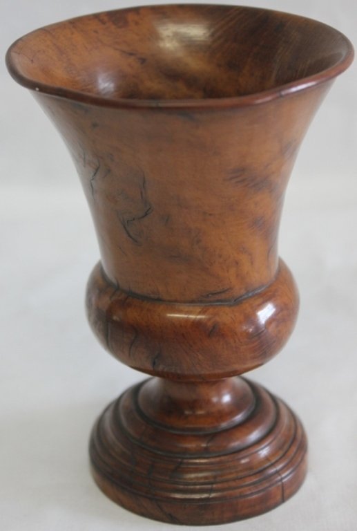 19TH C TURNED BURLWOOD VASE, 5 1/2" HIGH,: 3 3/4" DIAMETER, EXCELLENT CONDITION.