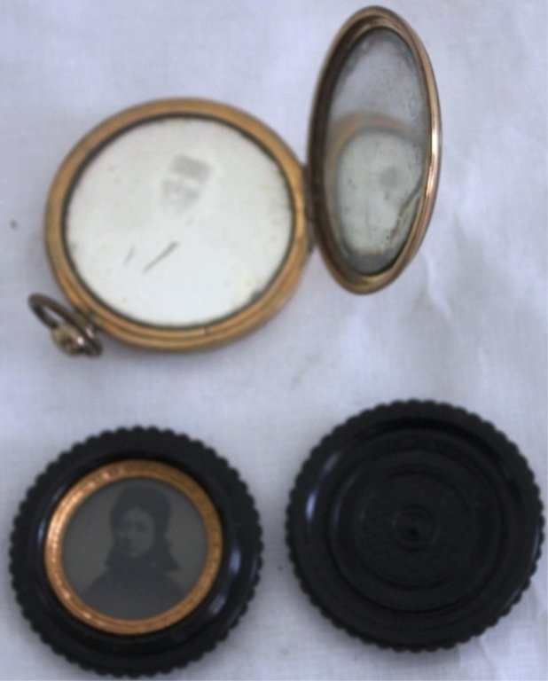19THC PHOTOGRAPHS, TWO DAGUERREOTYPES: DEPICTING A MAN AND WOMAN IN A NICE GOLD FILLED LOCKET, AND A TINTYPE IN A GUTTA PERCHA THREADED CASE.