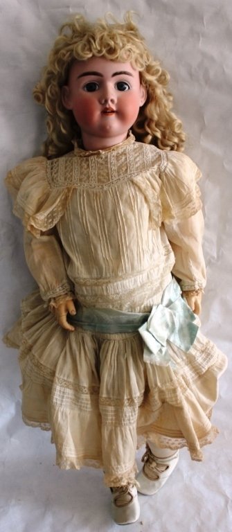 34" GERMAN BISQUE HEAD DOLL, JOINTED COMPOSITION: BODY BY HANDWERCK, BLUE SLEEP EYES, OPEN MOUTH, TAKES EARRINGS, OLD CLOTHES.
