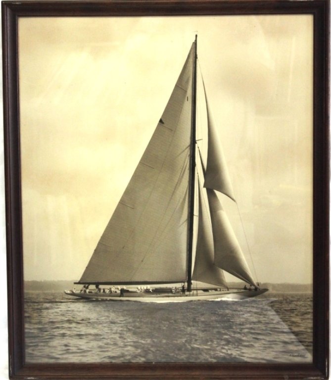 FRAMED PHOTOGRAPH OF RACING YACHT BY: M. ROSENFELD, POSSIBLY AMERICA'S CUP, SIGHT SIZE 23 1/2" X 19 1/2", ORIGINAL FRAME.
