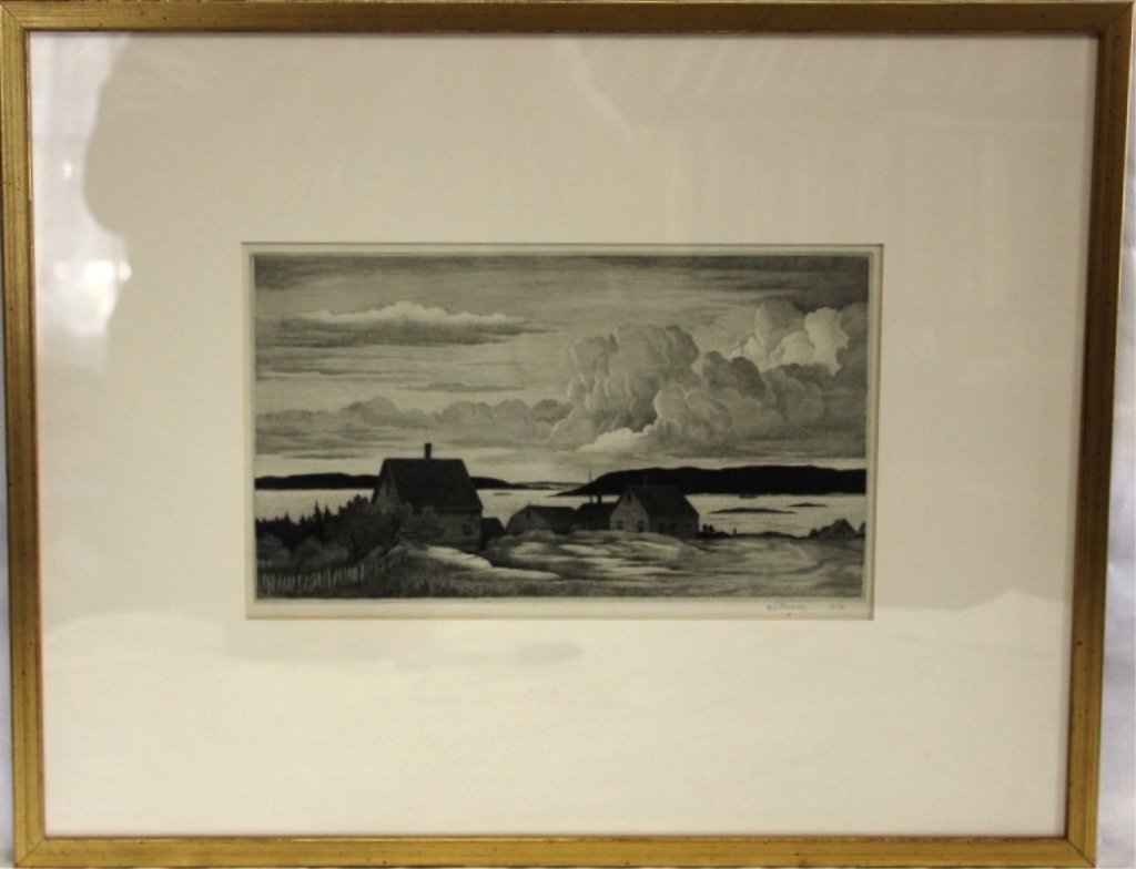 COPPER ENGRAVING BY THOMAS NASON, N.A., TITLED: VIEW FROM STONINGTON, SIGNED LOWER RIGHT AND DATED 1954, NEW FRAME AND MATTING, 7 1/4" X 12."