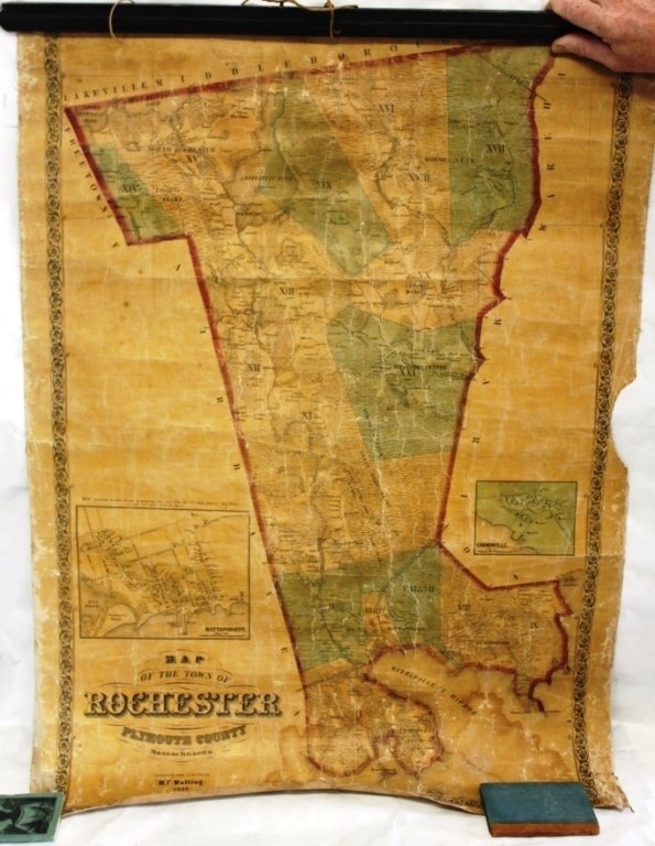 1856 WHALING ROLL-UP MAP OF ROCHESTER, MA,: BOTTOM STICK IS MISSING, MAP SHOWS TEARS, CREASING AND STAINING, SOME LOSSES TO EDGE, 35" X 26."