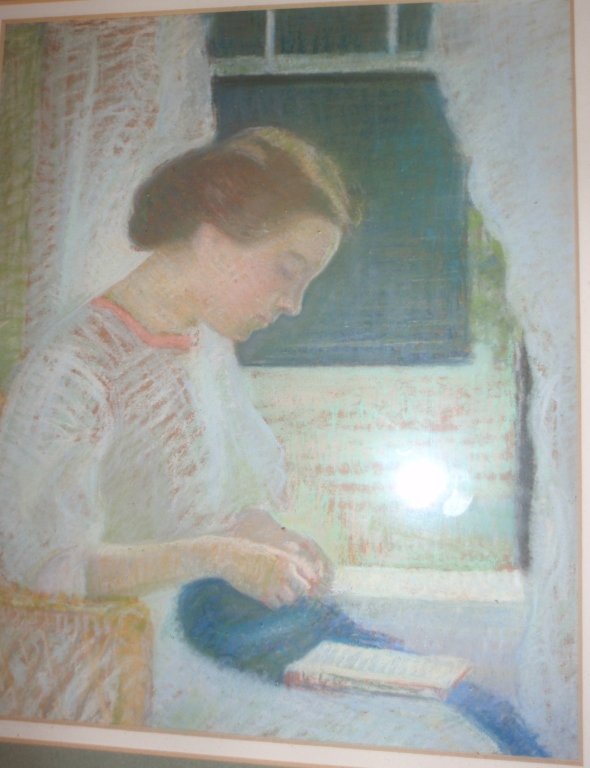 BOSTON SCHOOL PASTEL DRAWING, PORTRAIT OF A: YOUNG WOMAN SEWING BY A WINDOW CA 1900, UNSIGNED, ATTRIBUTED TO MARION BOYD ALLEN, SIGHT SIZE 10" X 8 1/2" IN A MODERN FRAME.
