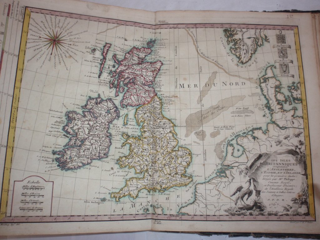 18TH C BOUND BOOK OF MAPS MOSTLY OF EUROPE, TEXT: IN LATIN, 42 PLATES INCLUDING PEROU, ASIA, JUDA, AFRICA, EUROPE, NORWEGE, SUEDE, GUALES, PROVINCES DE FRANCE, BAUIERE, ROYAUME DE BOHEME, WESTPHALIE, HOLLANDOIS, DE L'ITALIE, GRECIA, LES ISLES BRITANN