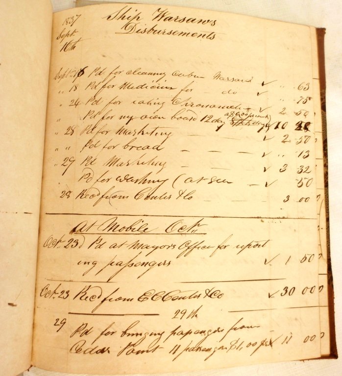 1837-1841 BOUND ACCOUNT BOOK FOR THE SHIP WARSAW: RELATED TO THE COWEN FAMILY OF ROCHESTER, MA; 130 PAGES MENTIONING THE PORTS OF HAMBURG, BALTIMORE AND LIVERPOOL, SOME STAINING AND DISCOLORATION, CORNERS AND SPINE ARE SCUFFED, 8" X 7."