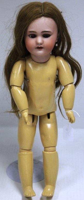 19TH C FRENCH JUMEAU DOLL, MARKED "TETE JUMEAU": IN RED, ALSO MARKED "DEP 8" INCISED MARK, BISQUE HEAD, PIERCED EARS, SLEEP EYES, OPEN MOUTH, COMPOSITION BODY, BODY RESTRUNG AND REPAINTED, HOLES IN BODY, PAPER LABEL ON SMALL OF BACK "BEBE JUMEAU....