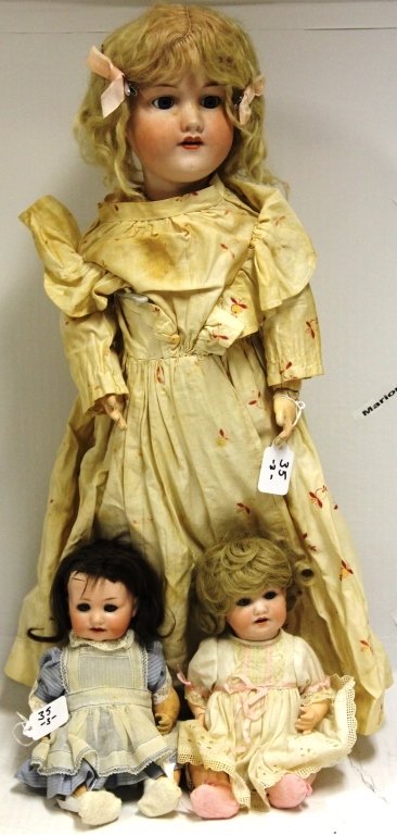 THREE ARMAND MARSEILLE DOLLS, ONE "390", BLUE: EYES, AS IS COMPOSITION BODY, 24"; PAIR OF BABY DOLLS BOTH "971", WITH FIVE PIECE COMPOSITION BODY, 10"
