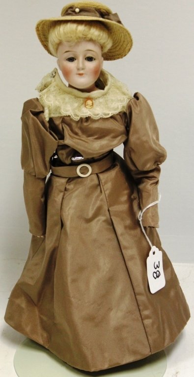 KESTNER GIBSON GIRL "172" BISQUE HEAD DOLL,: BLUE SLEEP EYES, REPLACED KID BODY WITH BISQUE LOWER ARMS, 13 1/2"