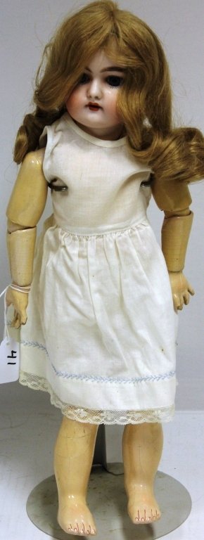 HANDWERCK BISQUE HEAD BABY DOLL, MARKED "79",: HANDWERCK, BLUE SLEEP EYES, OPEN MOUTH PIERCED EARS, CHIPS TO BACK OF EARS, COMPOSITION BODY, 18"