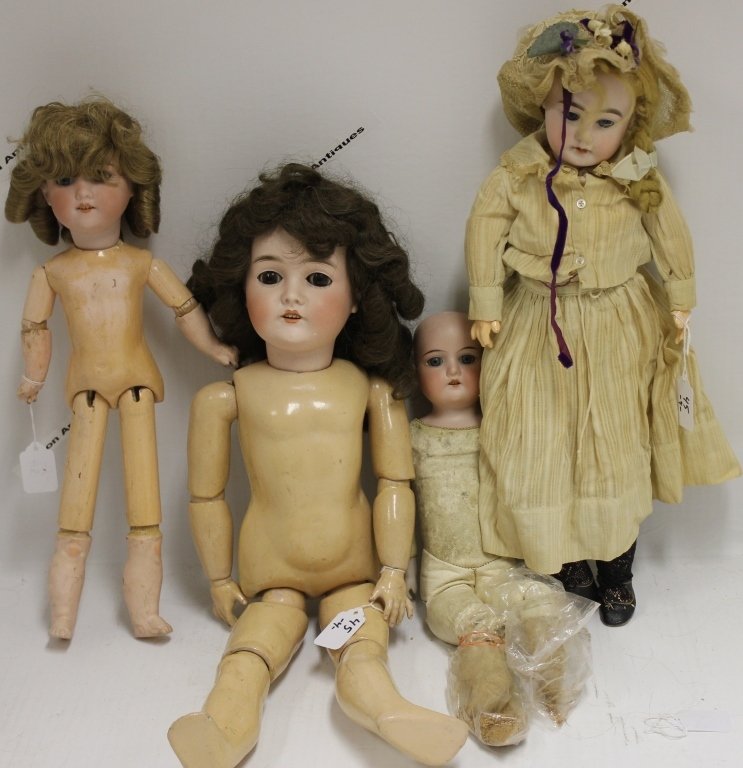 FOUR ARMAND MARSEILLE DOLLS, ONE QUEEN LOUISE,: BROWN SLEEP EYES, OPEN MOUTH, SMALL FLAKE ON CHEEK, COMPOSITION BODY, 22"; ONE "390", BLUE EYES, OPEN MOUTH, COMPOSITION BODY, 16 1/2"; ONE "370", BLUE SLEEP EYES, OPEN MOUTH, AS FOUND KID BODY, BISQU